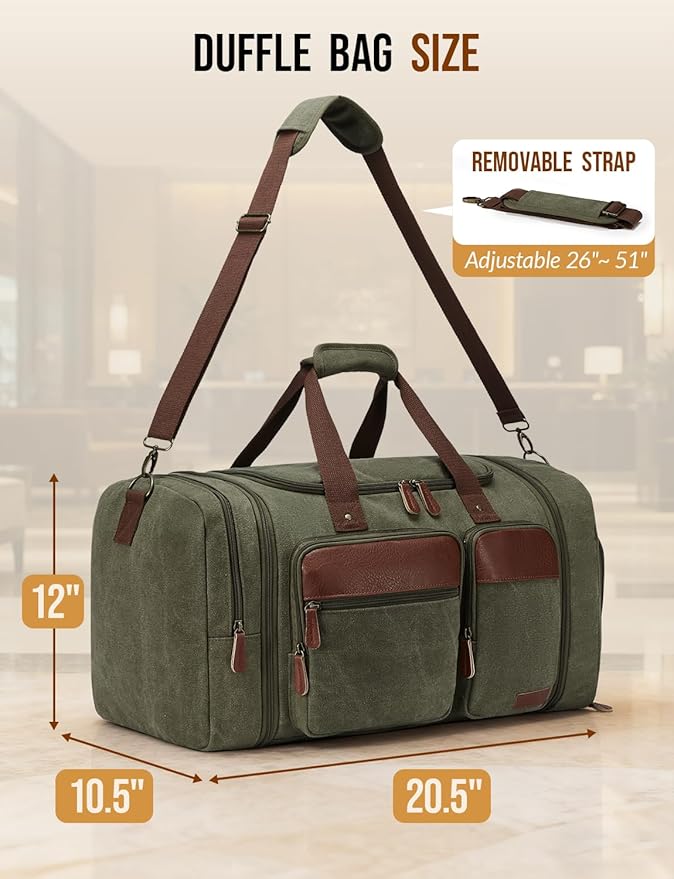 Canvas Duffle Bag for Travel 50L Expandable Travel Duffel Bags for Men Women Overnight Weekend Gym Bag with Shoes Compartment - Army Green