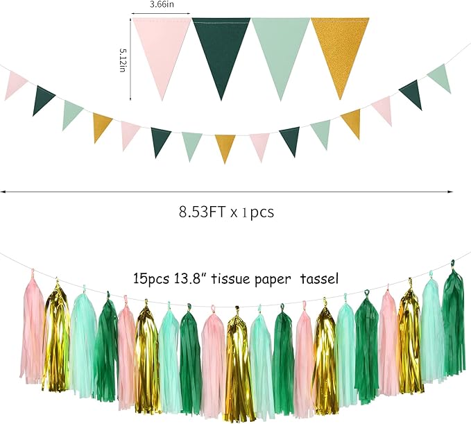 Sage-Green Pink-Gold Baby Bridal-Shower Decorations - 30pcs Rustic Wedding Tissue Pom Poms,Tassel Garland Banner,Birthday Bachelorette Engagement Valentines Mothers Day Party Decor Lasting Surprise