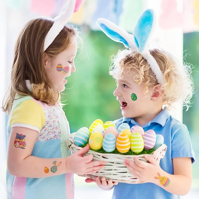 80+ Pieces Easter Egg Tattoos for Kids, 10 Sheets Easter Bunny Egg Tattoo Stickers for Easter Party Decorations Favors Supplies