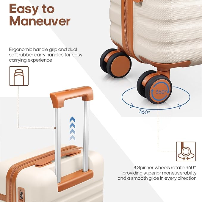 UKEIN Luggage Sets 3 Piece, Carry On Luggage 20In With Spinner Wheels,PC Hardside Suitcase Set with TSA Lock,Durable Carry On Suitcase With Travel Backpack for Men (Beige, 3 piece set (20inch))