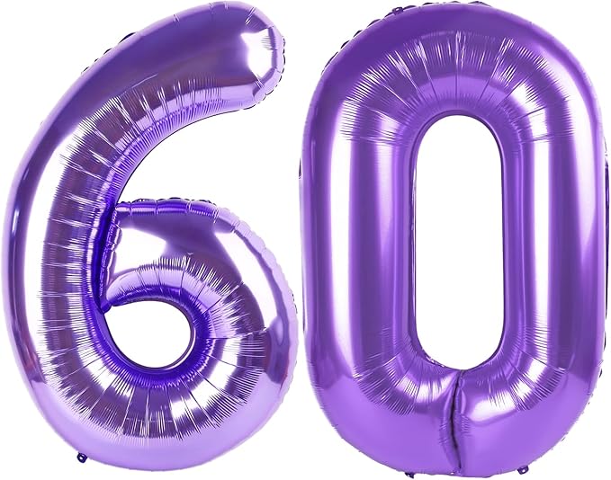 Purple Number 60 Balloon 40 inch, 60 Number Balloons, 60th Purple Birthday Decorations, 60 Year Old Girls Boys Party Supplies