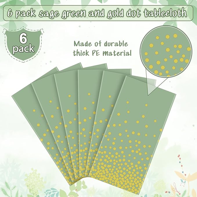 6 Pack Sage Green and Gold Plastic Tablecloth, Green Disposable Table Cloth for Rectangle Tables, Gold Stamping Dot Light Green Tablecloth for Baby Shower Birthday Wedding Party Decorations, 54"x108"