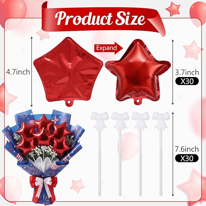 30 Pcs Star Self Inflatable Balloons with Bow Stems Star Foil Balloons Mini Pentagram Decoration for Patriotic Independence Day Graduation Birthday Baby Shower Anniversary(Red,4 Inches)