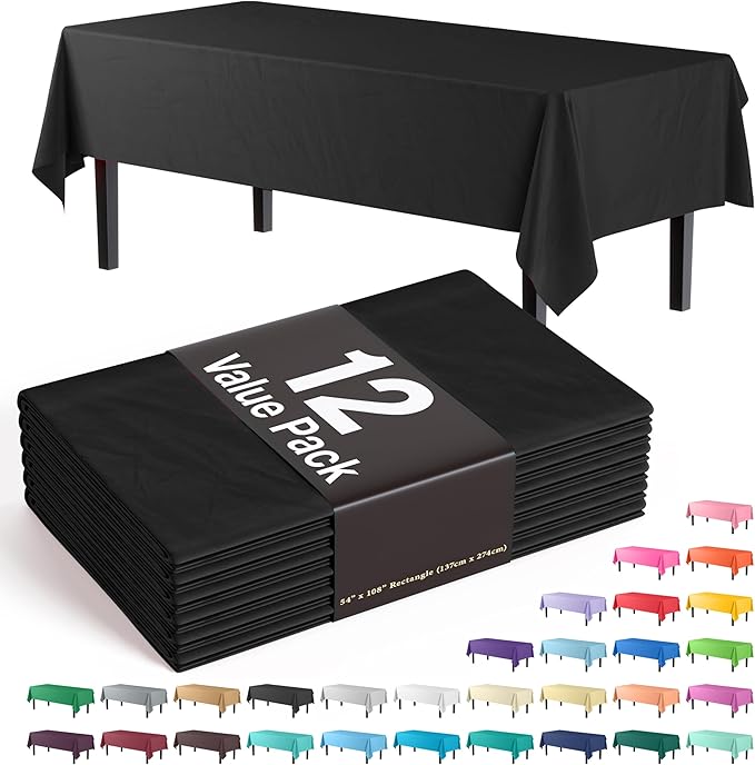 Exquisite 12-Pack Plastic Tablecloth 54x108 Rectangle Value Pack Plastic Table Cover - Black