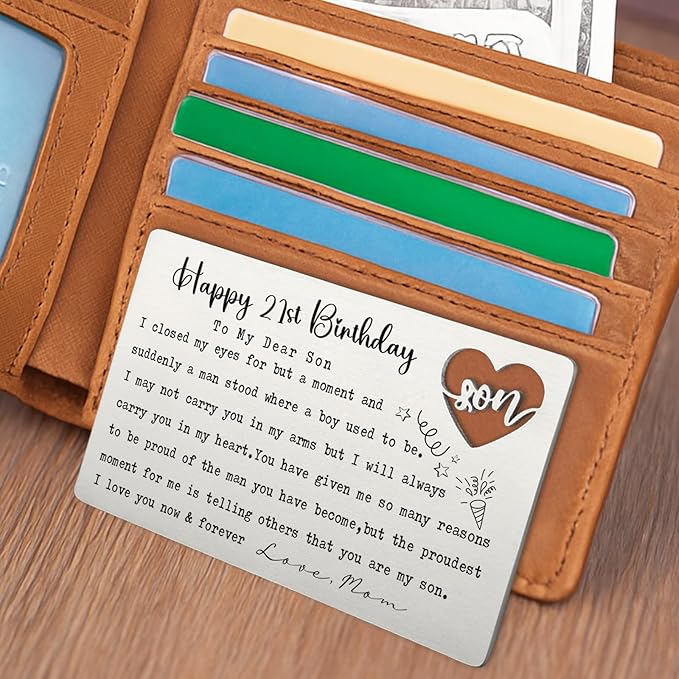 Happy 21st Birthday Wallet Insert for Son from Mom, Stainless Steel Laser-Engraved Postcard with Heart Cutout, Adult Son Birthday Gift, Sentimental Pocket Keepsake for Milestone Celebration QBK10