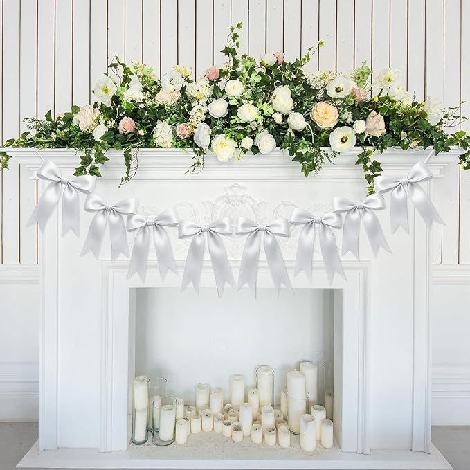1 String of 8PCS White Bow Garland Banner Decoration,Pre-Strung Satin Ribbon Ornaments for Birthday,Bachelorette Party,Bridal Shower,Wedding, Engagement,Baby Shower,Graduation Decor,Anniversary