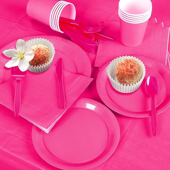 TWOWYHI 229PCS Hot Pink Party Supplies Set - Paper Disposable Plates Cups Plastic Spoons Forks Knives Napkins Serve 30 Guests