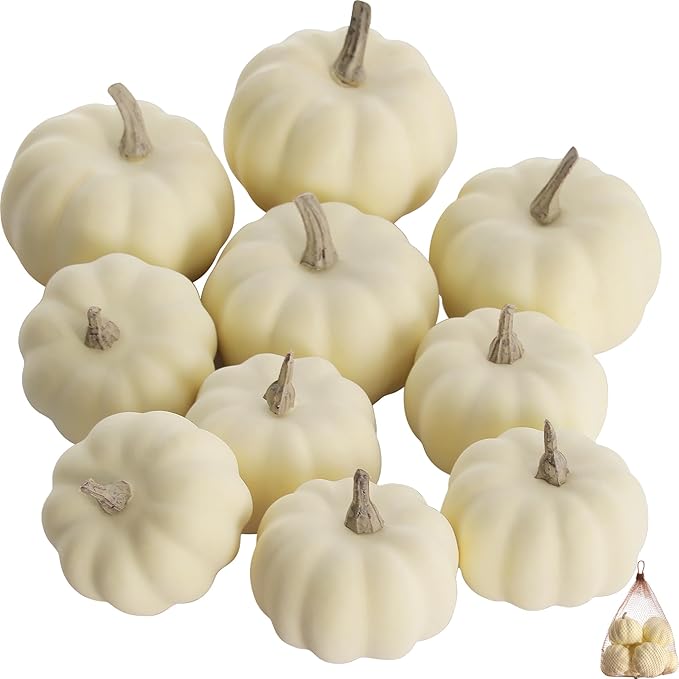 Artgar Pumpkin Decor - White Pumpkin - 10 PCS Mini Pumpkins Harvest Set - Beige Foam Pumpkins for Home Decor DIY, Table, Halloween, Fall, Thanksgiving Decorations