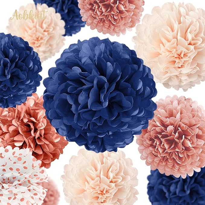 AOBKIAT Rose Gold and Navy Blue Party Decorations Set,Tissue Paper Pom Poms,Paper Garland for Women Engagement Anniversary,30th,40th,50th,60th,Birthday Party Supplies