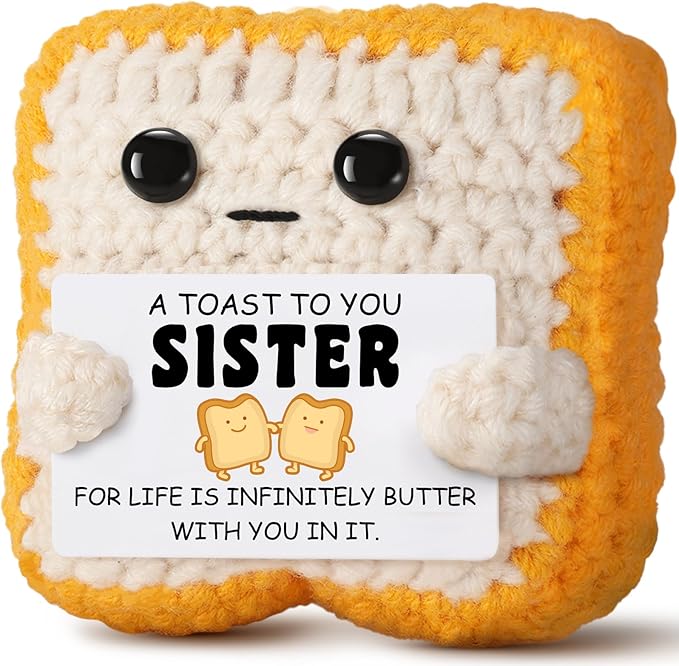 Funny Sister Gift Handmade Crochet Toast Plush with Pun Card, Cute Birthday Gifts for Sister, Women, Appreciation Present, Thanksgiving, Christmas Stocking Stuffers from Brother, Sister, Bestie friend