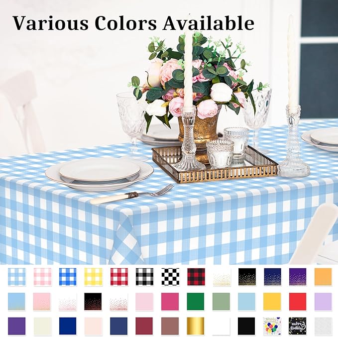 2 Pcs Light Blue Checkered Tablecloth 54 ×108 Inches Rectangle Blue Gingham Tablecloth Disposable Plastic Waterproof Table Cover for Outdoor Picnic, Kitchen, Holiday Birthday Party