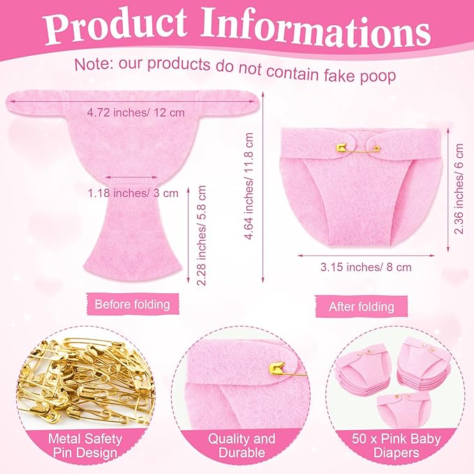 Roowest 51 Pcs Dirty Diaper Baby Shower Games Funny Wooden Sign with 50 Pcs Mini Diapers Cute Felt for Gender Reveal Party Baby Shower(Pink Bear)