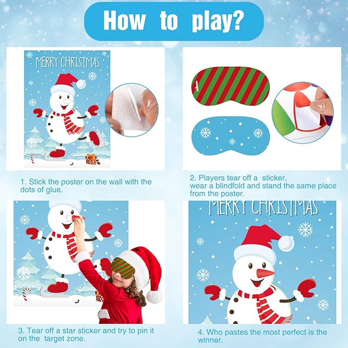 ASTARON Pin The Snowman Nose Christmas Pin The Tail Party Games Activities for Kids 36 Stickers Christmas Party Decorations School Classroom Activities
