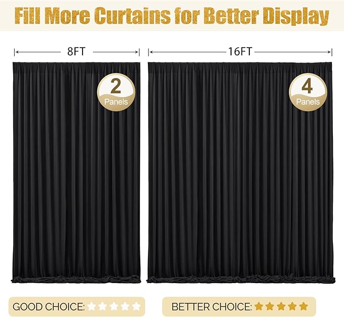 16x10FT Black Backdrop Curtains for Wedding Parties, Wrinkle Free Polyester Photography Backdrop Drapes for Wedding Baby Shower Birthday Parties Stage Background Stand Decorations 4x10ft, 4 Panels