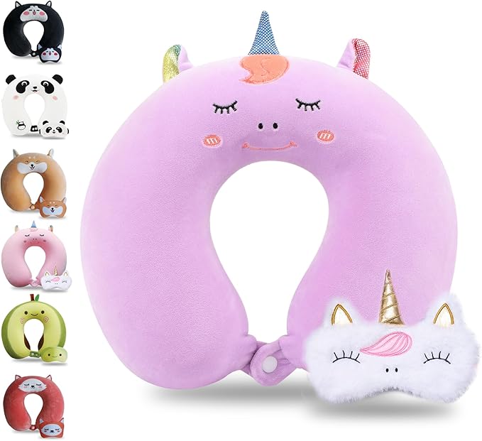 Sexysamba Cartoon Headrest & Neck Pillow for Kids Boys & Girls, Teens, Travel Accessories for Airplane, Car, Recline, Memory Foam Cute Travel Pillow with Sleep Eye Mask - Purple Unicorn
