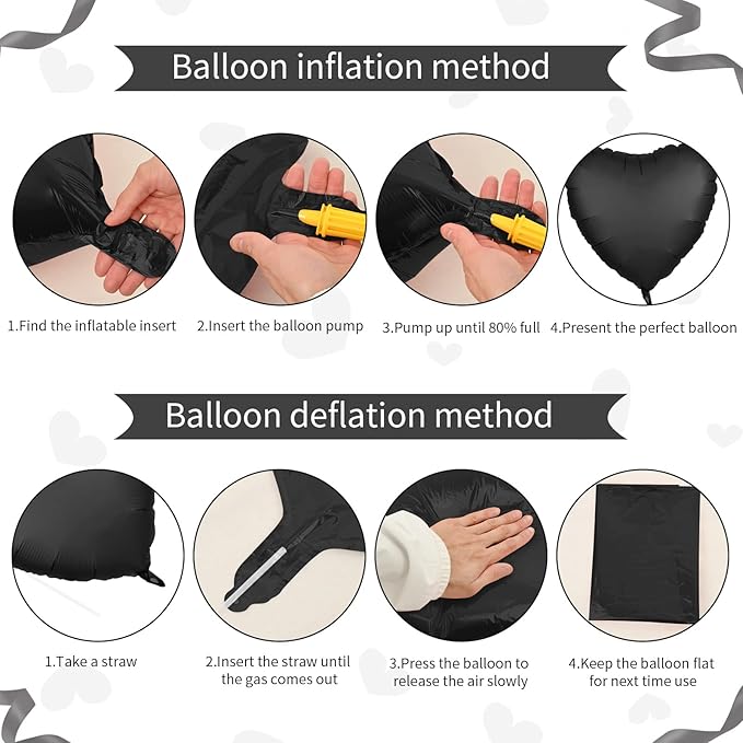 Foil Heart Balloons - 10 Black Heart Shaped Balloons, 18inch Metallic Foil for Valentines Day, Wedding, Birthday, Halloween Party