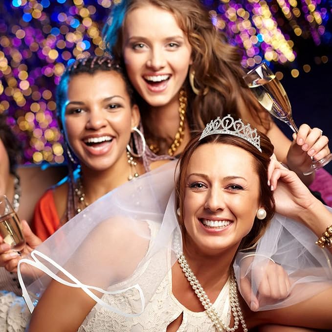 Crown + Bride to Be Sash, Veil Set - Bachelorette Party Favors, Wedding Decorations, Bridal Shower Gifts for the Bride
