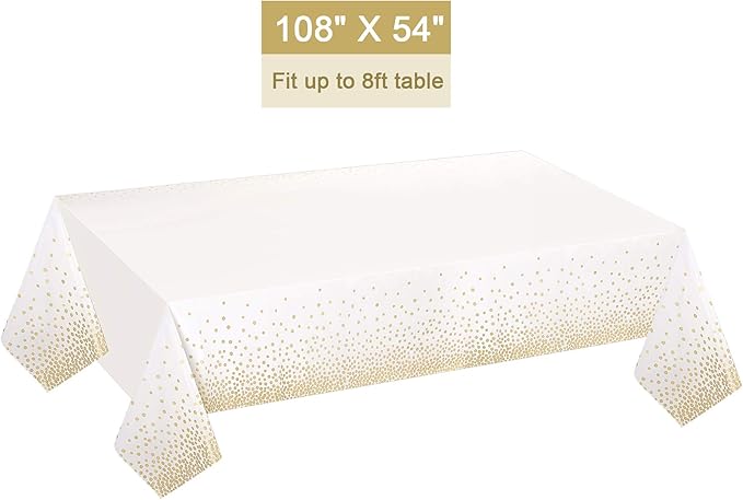 Gexolenu 4 Pack White & Gold Dot Plastic Tablecloth for Rectangle Tables(54" x 108"), Disposable Table Cloth for Birthday, Wedding, Baptism Decorations, Engagement Party Decorations