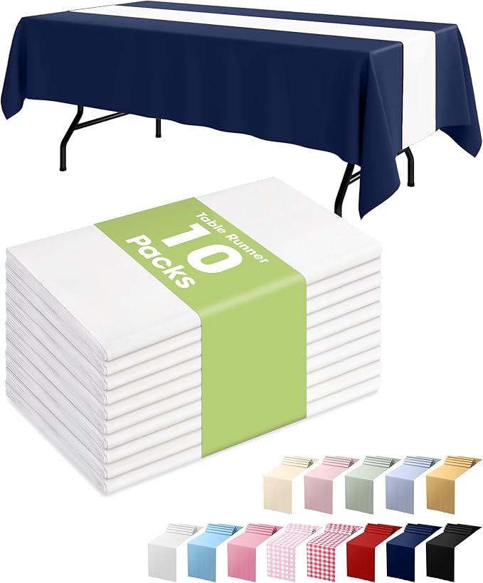 Pureegg White Plastic Table Runners - 10 Pack, 14'' x 108'', Water Resistant & Disposable Centerpiece Decorations for Table Cloth, Wedding, Birthday, Holiday, Baby Shower, Party, Home Decor