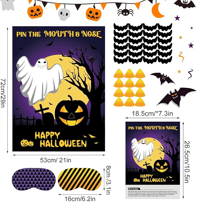 ASTARON Halloween Party Games, Pin The Mouth on Ghost Halloween Party Activities Classroom Games for Children, Kids Birthday Party Games Halloween Party Supplies