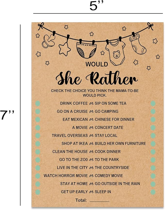Baby Shower Game, Would She Rather, Baby Shower Ideas, Party Activities Ideas Supplies, Baby Shower Party Games Supplies & Activities, 30 Game Cards Included, Kraft