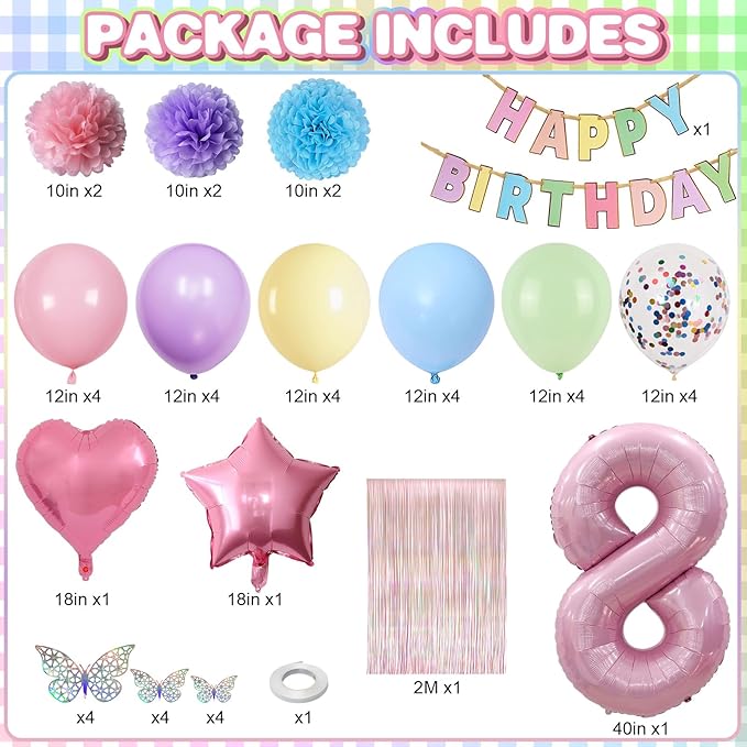 Pastel 8th Birthday Party Decorations for Girls Number 8 Balloon Happy Birthday Banner Butterfly Stickers Fringe Curtain Paper Pom Poms Macaron Pink Star Heart Foil Colorful Balloons 8 Year Old Decor