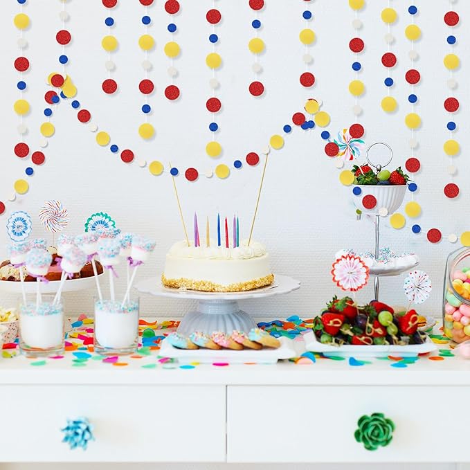 Outus 5 Pieces Colorful Dots Paper Garland Easter Decor Round Glitter Hanging Confetti Streamers Backdrop for Spring Birthday Classroom Halloween Trunk or Treat Car Decoration (Red,Blue,Yellow)