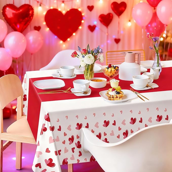 2 Pcs Valentines Plastic Tablecloth 108x54 Inch Love Heart Disposable Table Cloth Red White Rectangle Table Cover for Valentines Day Anniversary Engagement Party Decorations Supplies