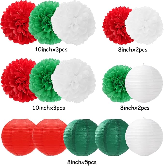 Red-Green White Party-Decorations Christmas Flowers Lanterns - 15PCS Italian Mexican Independence Day Paper Tissue Pom Poms Streamers,Mexico Italy Birthday Baby Shower Wedding Hanging Decor Hugfond