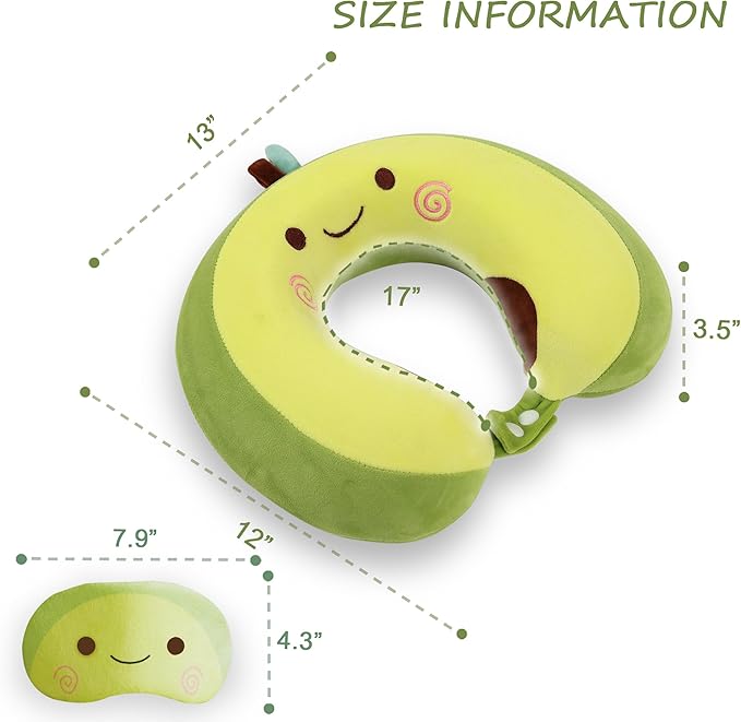 Cute Travel Pillow with Sleep Eye Mask Cartoon Headrest & Neck Pillow for Kids Boys & Girls, Teens, Travel Accessories for Airplane, Car, Recline, Home Use Memory Foam Flight - Green Avocado