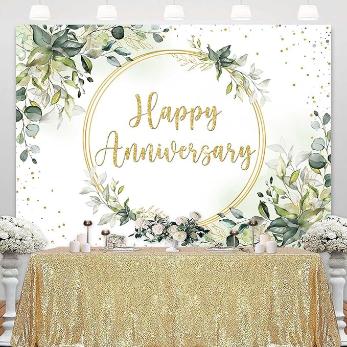Sensfun 10x7ft Happy Anniversary Backdrop Sage Green Eucalyptus Wedding Anniversary Party Decorations Greenery Marriage Memorial Day Cheers to 10 Years 25th 40th 50th Wedding Day Banner