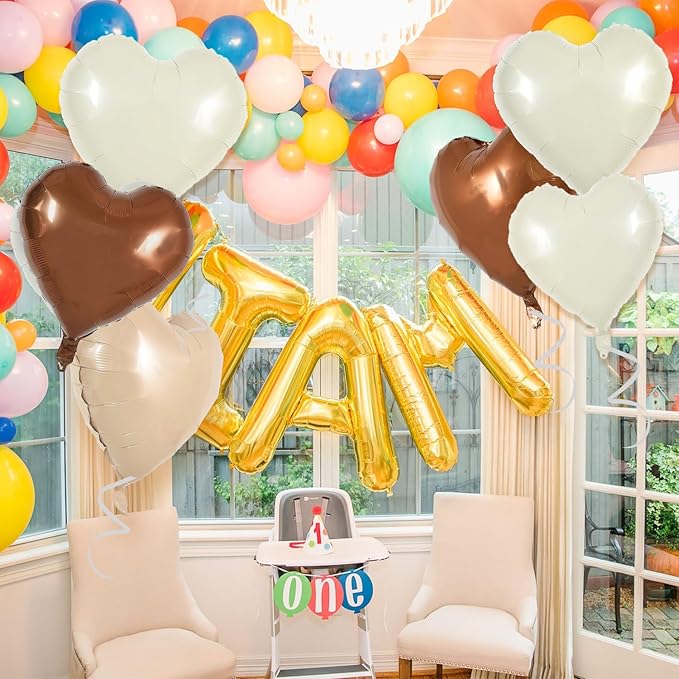 TONIFUL 30Pcs 18 Inch Cream White Heart Balloons Light Brown Coffee Foil Balloons Decoration for Thanksgiving Birthday Valentine's Day Wedding Bridal Shower Anniversary Engagement Party Supplies