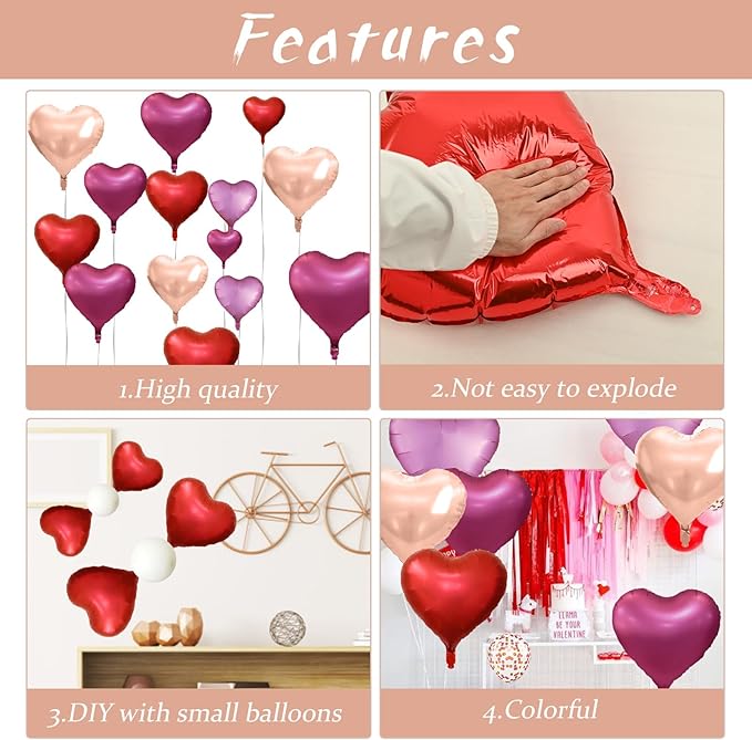 Rose Gold and Pink Heart Balloons, 18 Inch Hot Pink Heart Shape Balloons Foil, 10 Pcs Rose Gold Pink Heart Balloon for Girls Women Valentines Day Birthday Wedding Baby Shower Bridal Party Decorations