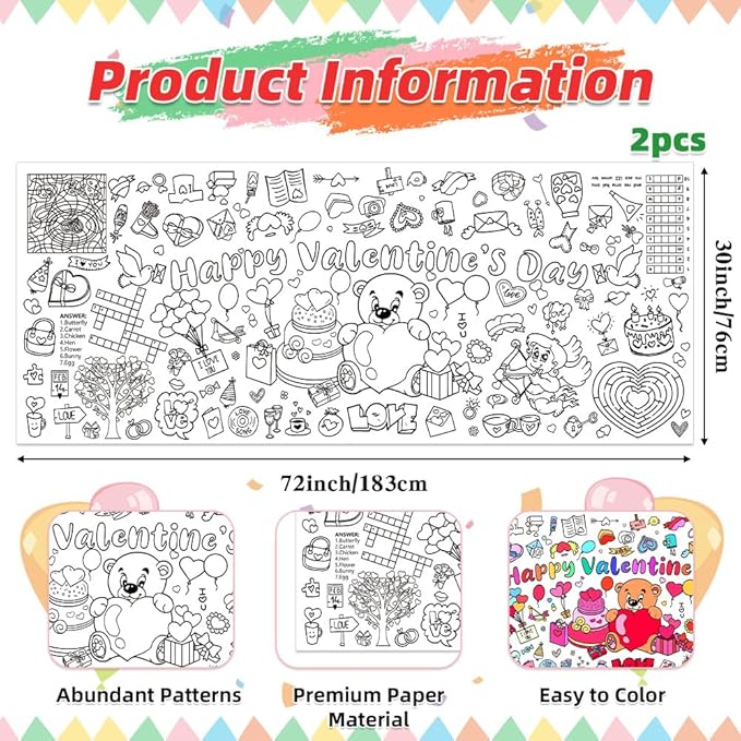 Valentines Coloring Tablecloth/Poster, 2 PCS Valentines Day Gifts for Kids Classroom, Valentines Day Decorations, 72"x30" Giant Paper Coloring Banner Tablecloth Crafts Activities for Party Decorations