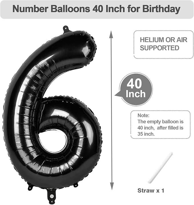 Numbers Balloon 6, 40 Inch Foil Big Balloon for Men And Women, Black Balloons for 6, 16, 26, 60, 2026 Graduation, Birthday, Wedding Anniversary, Xmas, Thanksgiving Day, Party Supplies