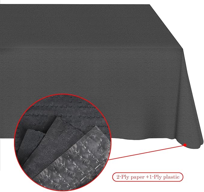 Black Paper Tablecloths Disposable for Rectangle Tables 12 Pack,3 Ply Paper & Plastic Quality Table Cloth for Parties,54 x 108 Inch Birthday Table Cover Outdoor Wedding Banquet Tablecover