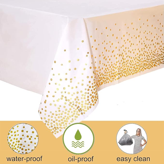 Yancorp 12 Pack Tablecloth for Rectangle Tables Gold Dot Disposable Tablecloths Plastic Tablecloth Party Table Covers for Birthday Thanksgiving Christmas Wedding Outdoor BBQ