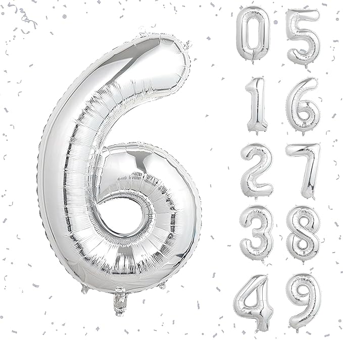16 In Silver Large Numbers Balloons 0-9, Self Inflating Number 6 Balloons for Boys Girls, Big Silver Digit 6 Balloons for Women Men Birthday Party Anniversary Wedding Supplies Decorations