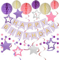meowtastic Birthday Decorations, Happy Birthday Banner with Honeycomb Balls, Stars Hanging Swirls Streamers, Circle Dots Garland, Happy Birthday Party Decorations for Women Men Boys Girls (Purple)