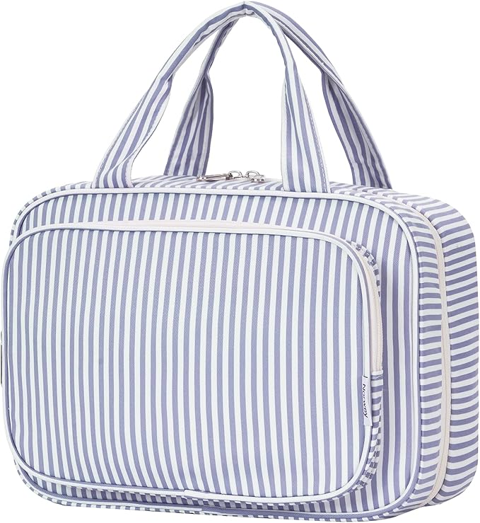Narwey Striped Travel Toiletry Bag for Women Large Hanging Makeup Bag Organizer Toiletries Bag for Full Size Essentials Accessories Cosmetics (Greyish Blue Stripe (Large))