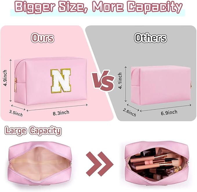 TOPEAST Initial Makeup Bags for Women, Personalized Portable Cosmetic Bag for Travel, Cute Makeup Pouch, PU Leather Waterproof Toiletry Bag, Preppy Things for Girl (Pink V)