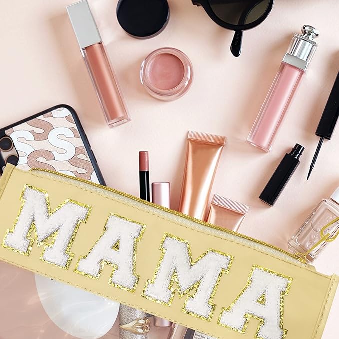 Chenille Letter Clear Travel Zipper Pouch Nylon Makeup Bag, Preppy Makeup Bag Clear Cosmetic Toiletry Bag, Water-proof Makeup Travel Pouch Snack Bags for Women (Beige-MAMA)