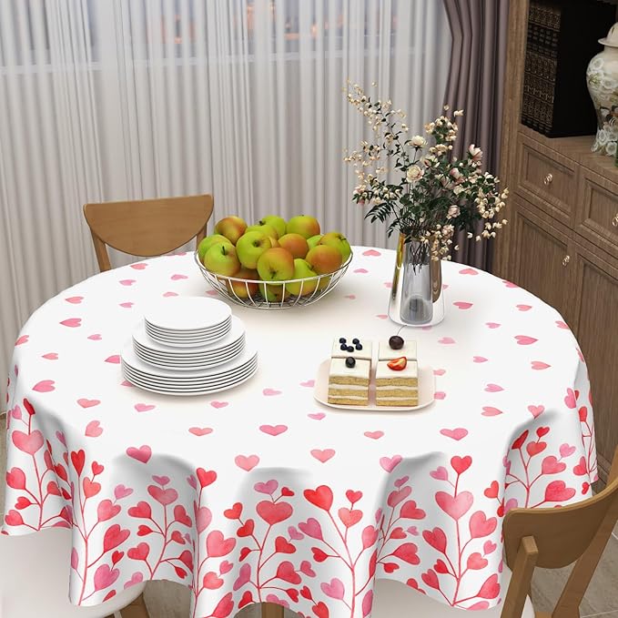 Valentine's Day Round Tablecloth 60 Inch Heart Pattern Circle Table Cloth Pink and White Table Cover Washable Polyester Indoor Decorations for Home Kitchen Dinning Party
