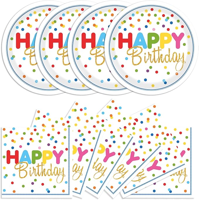 40Pcs Birthday Party Supplies Paper Plates and Napkins, Colorful Polka Dot Themed Dinner Plates Napkins Disposable Tableware Set for Birthday Party Decorations Serve 20