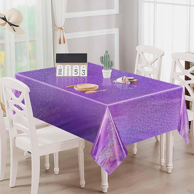 2 Pack Light Purple Iridescent Plastic Tablecloth Disposable 54 × 108 Inch Glitter Holographic Foil Table Cloth Plastic Laser Rectangle Table Cover for Birthday Wedding Disco Party