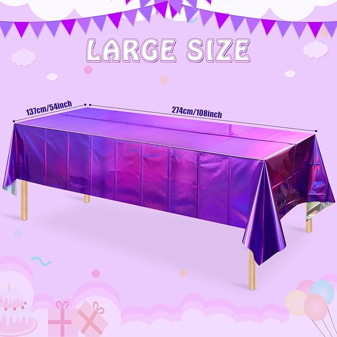 FunnyPars 4 Pack Iridescent Purple Plastic Tablecloths, Shiny Disposable Laser Rectangle Table Covers, Foil Tablecloth Iridescent Party Decorations for Kpop Birthday Bridal Wedding Decor, 54x108 Inch