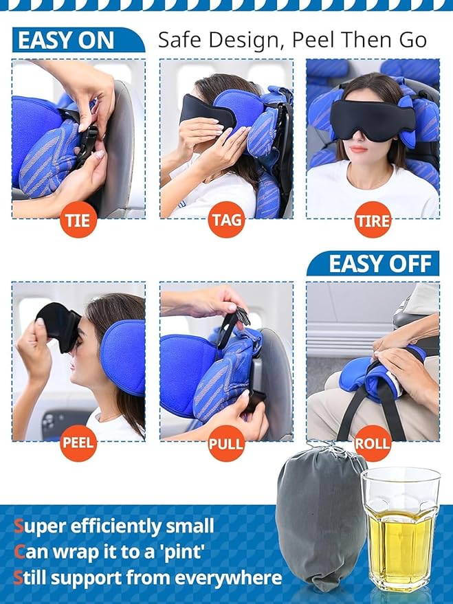 SARISUN Travel Pillow for Airplanes, Airplane Pillow with Eye Mask, Travel Pillows for Long Flight Sleeping, Travel Neck Pillows for Road Trip Car Headrest, Stop Bobble Head Neck Pain, Dark Grey