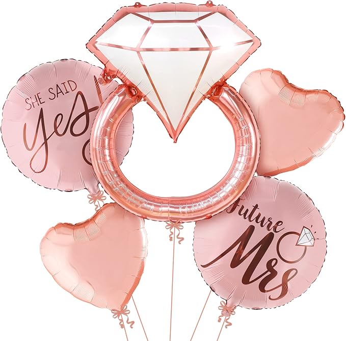 KatchOn, Diamond Ring Foil Balloon Set - Pack of 5 | Future Mrs Balloons | She Said Yes Decorations | Bridal Shower Balloons for Bachelorette Party Decorations, Rose Gold Bridal Shower Decorations