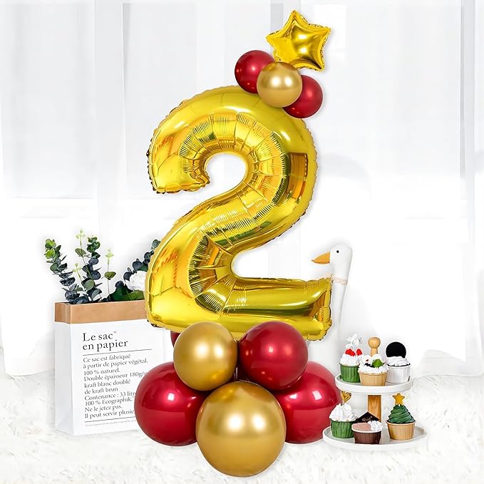 16 In Gold Large Numbers Balloons 0-9, Self Inflating Number 2 Balloons for Boys Girls, Big Gold Digit 2 Balloons for Women Men Birthday Party Anniversary Wedding Supplies Decorations