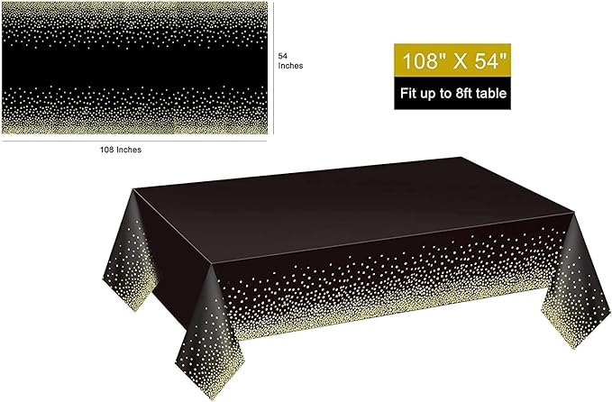 Gexolenu 12 Pack Black and Gold Disposable Plastic Tablecloth for Rectangle Tables(54" x 108"), Disposable Waterproof Party Table Cover for Birthday, Graduation, Gold Table Cloths Party Supplies